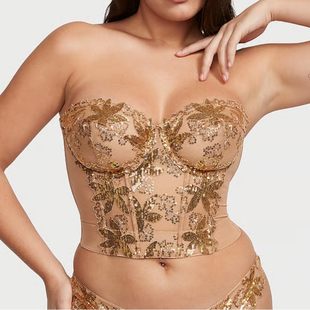 Victorias Secret Garden Gold Sequined Floral Unlined Corset Top & Garter